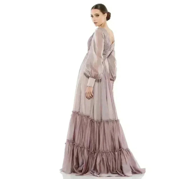 Mac Duggal Wrap Illusion Bishop Sleeve Tiered Gown Sz 6 Mocha Formal Maxi Dress - Picture 2 of 7